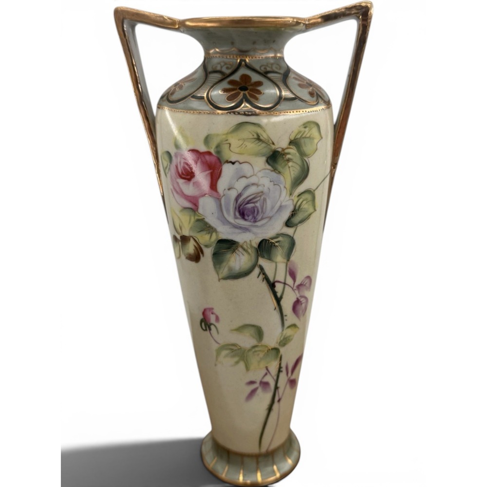Double‎ Handle Vase Antique Hand Painted Nippon Floral Roses Gold Gilt Porcelain